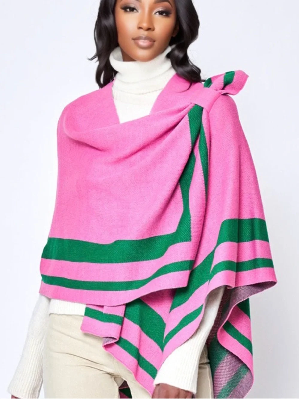 Pink and Green Striped Knit Poncho